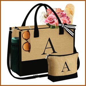 Personalized Jute Tote Bag with Makeup Bag, Monogram Embroidery